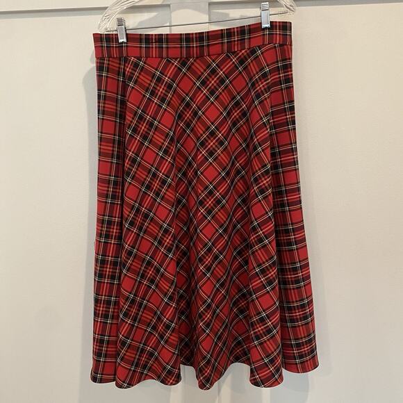 Tartan Plaid Skirt Women 12 Red Black Midi Flare Western Holiday Christmas Prep - Picture 1 of 11